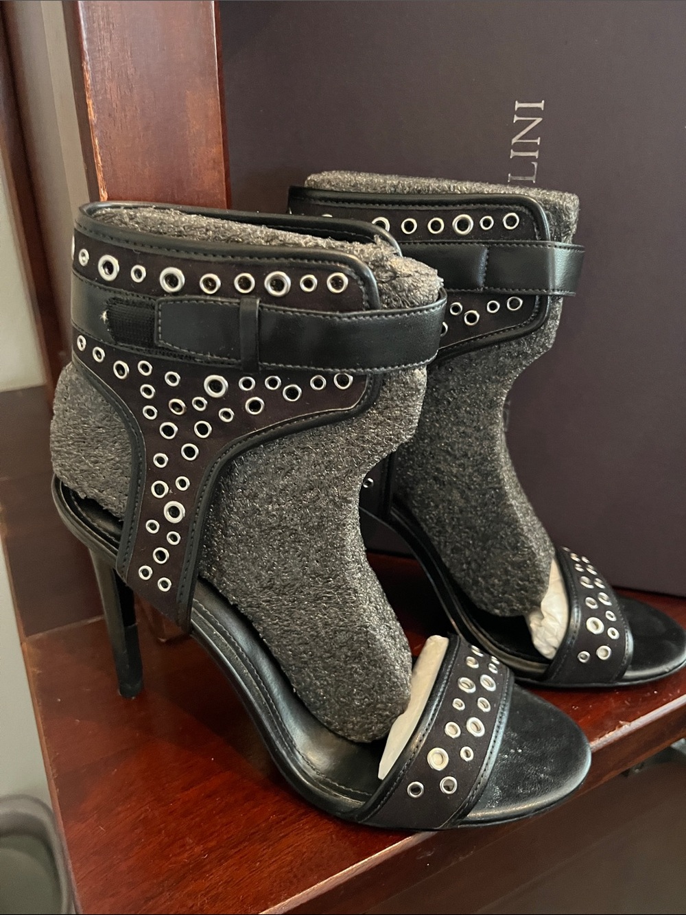 Enzo Angiolini Black & Gray Grommet Ankle Strap Heels